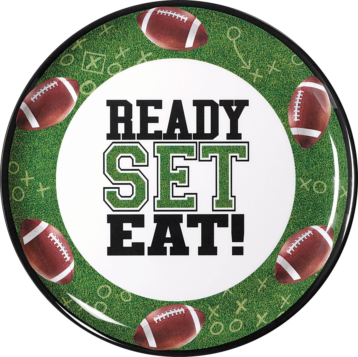 "Ready Set Eat" Round Plastic Melamine Reusable Serving Platter, Green, 13.5-in, for Sports Party I1G5 - product image 1