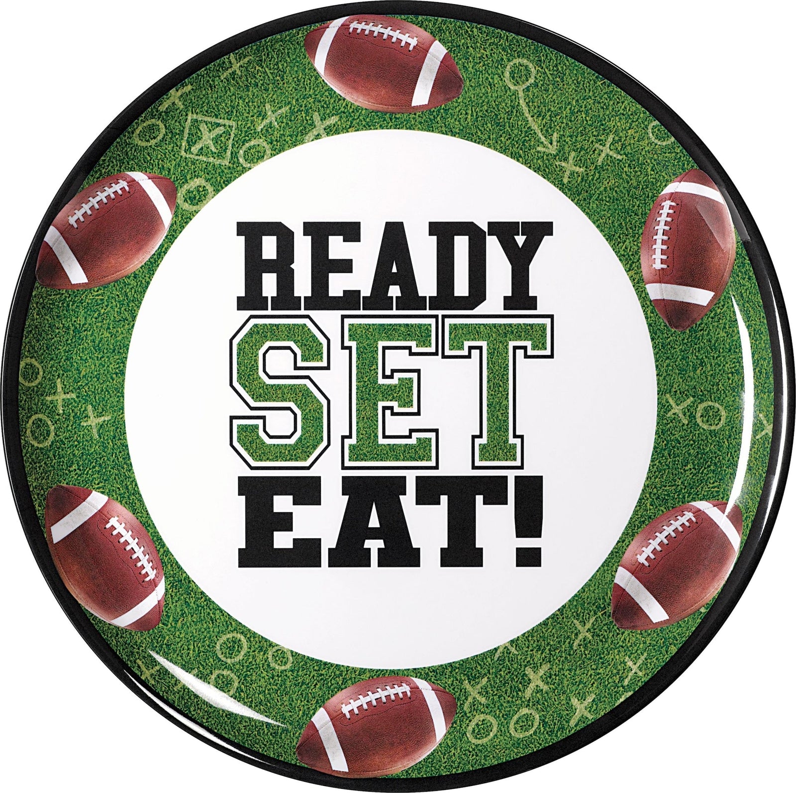 "Ready Set Eat" Round Plastic Melamine Reusable Serving Platter, Green, 13.5-in, for Sports Party I1G5 - product image 1