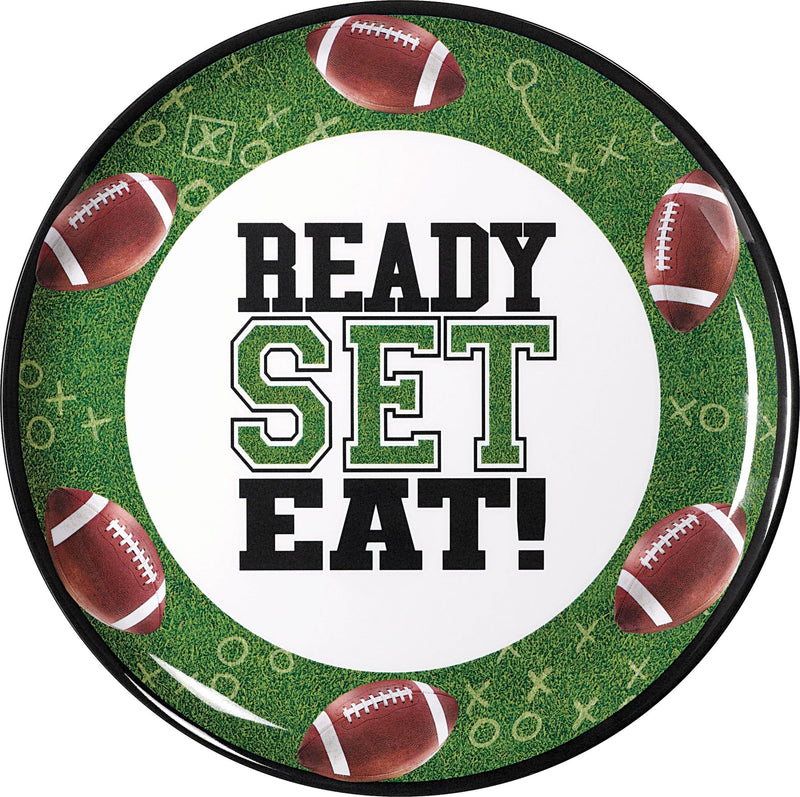 "Ready Set Eat" Round Plastic Melamine Reusable Serving Platter, Green, 13.5-in, for Sports Party I1G5