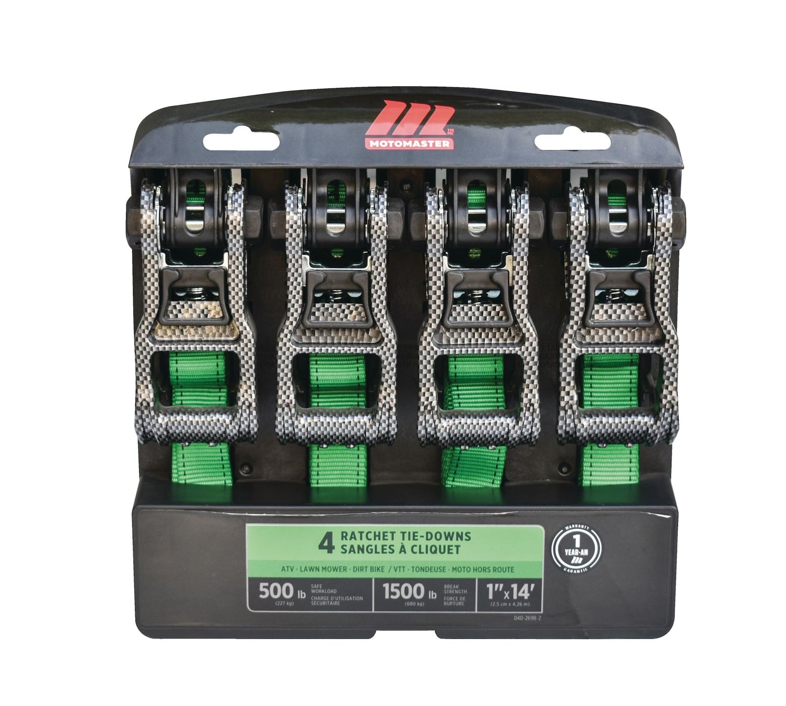 1,500-lb Carbon Ratchet Tie Downs, Weatherproof, 1-in x 14-ft, 4-pk, Green L2W7 - product image 1