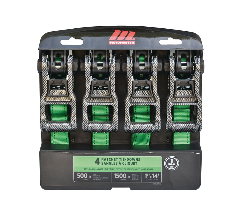 1,500-lb Carbon Ratchet Tie Downs, Weatherproof, 1-in x 14-ft, 4-pk, Green L2W7