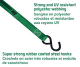 1,500-lb Carbon Ratchet Tie Downs, Weatherproof, 1-in x 14-ft, 4-pk, Green L2W7 - product image 3