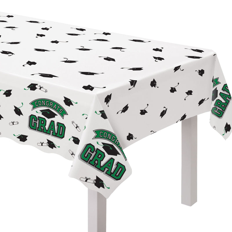 "Congrats Grad" Rectangle Plastic Reusable Table Cover, Green, 54x84-in, for Graduation R5C7