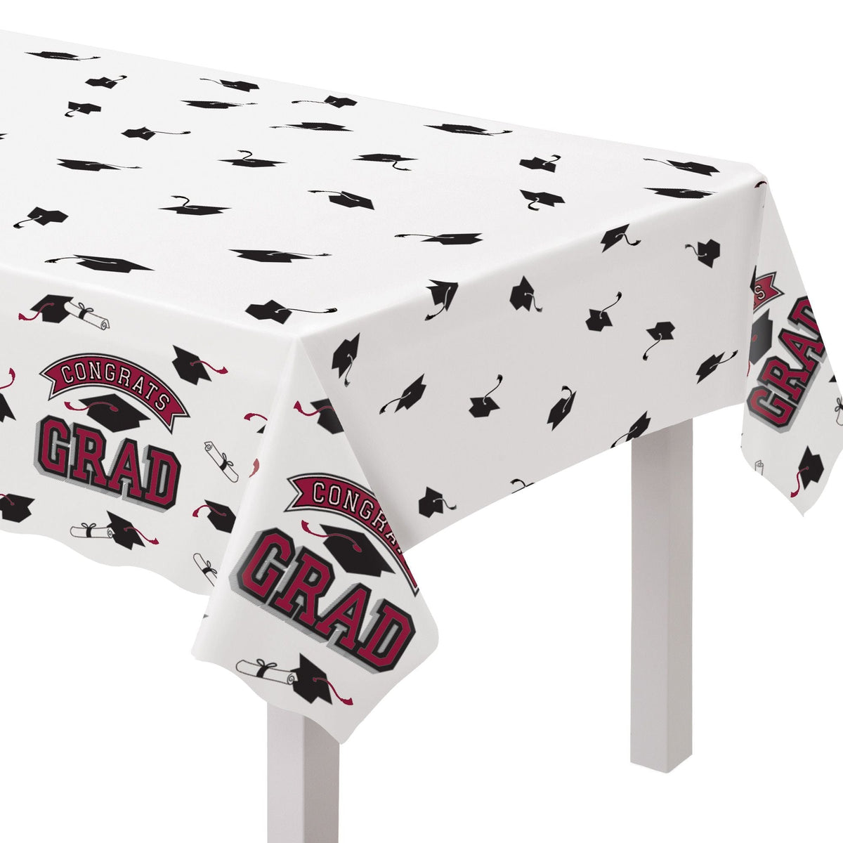 "Congrats Grad" Rectangle Plastic Reusable Table Cover, Maroon, 54x84-in, for Graduation N1D3 - product image 1