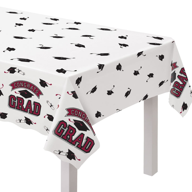 "Congrats Grad" Rectangle Plastic Reusable Table Cover, Maroon, 54x84-in, for Graduation N1D3