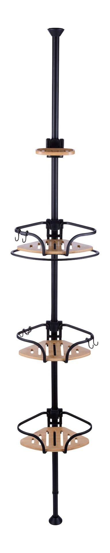 Type A 3-Tier Adjustable Rustproof Aluminum Shower Pole Caddy with Bamboo Trim, Matte Black X6O7